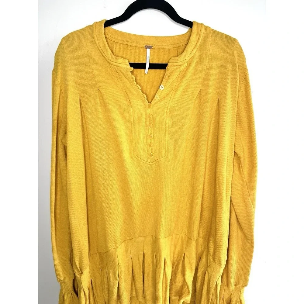 Free People Summer Struttin Mini Dress Golden Yellow Henley Waffle Ruffle Medium